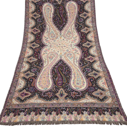 Vintage Stole Black & Beige woolen Handmade Jamawar work Long Throw Warm Stole Paisley Design Fringes