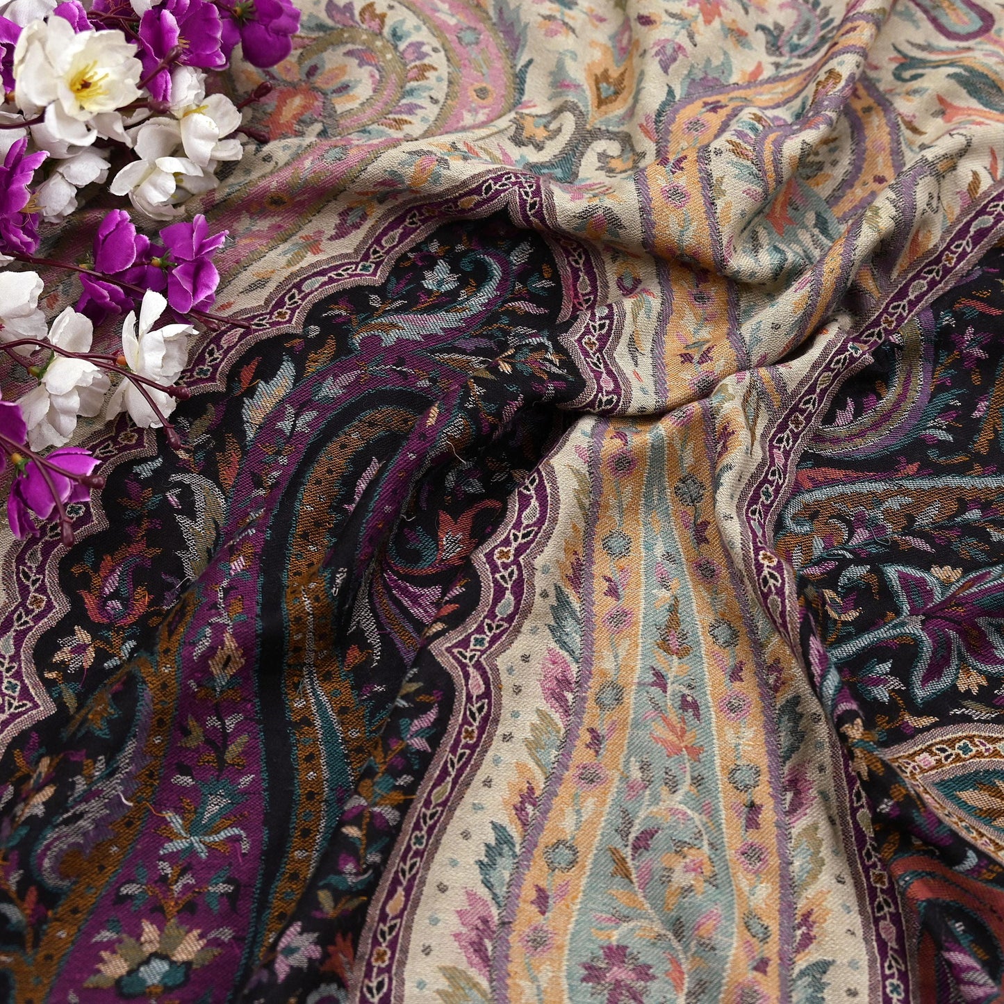 Vintage Stole Black & Beige woolen Handmade Jamawar work Long Throw Warm Stole Paisley Design Fringes