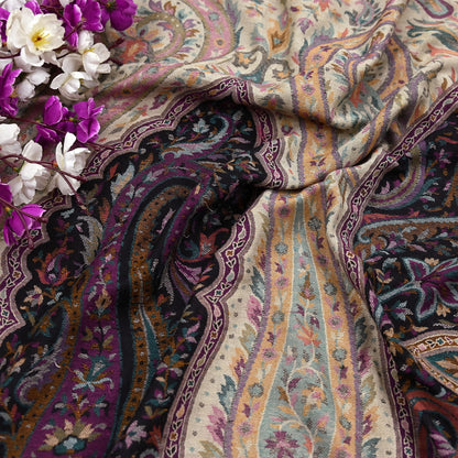 Vintage Stole Black & Beige woolen Handmade Jamawar work Long Throw Warm Stole Paisley Design Fringes