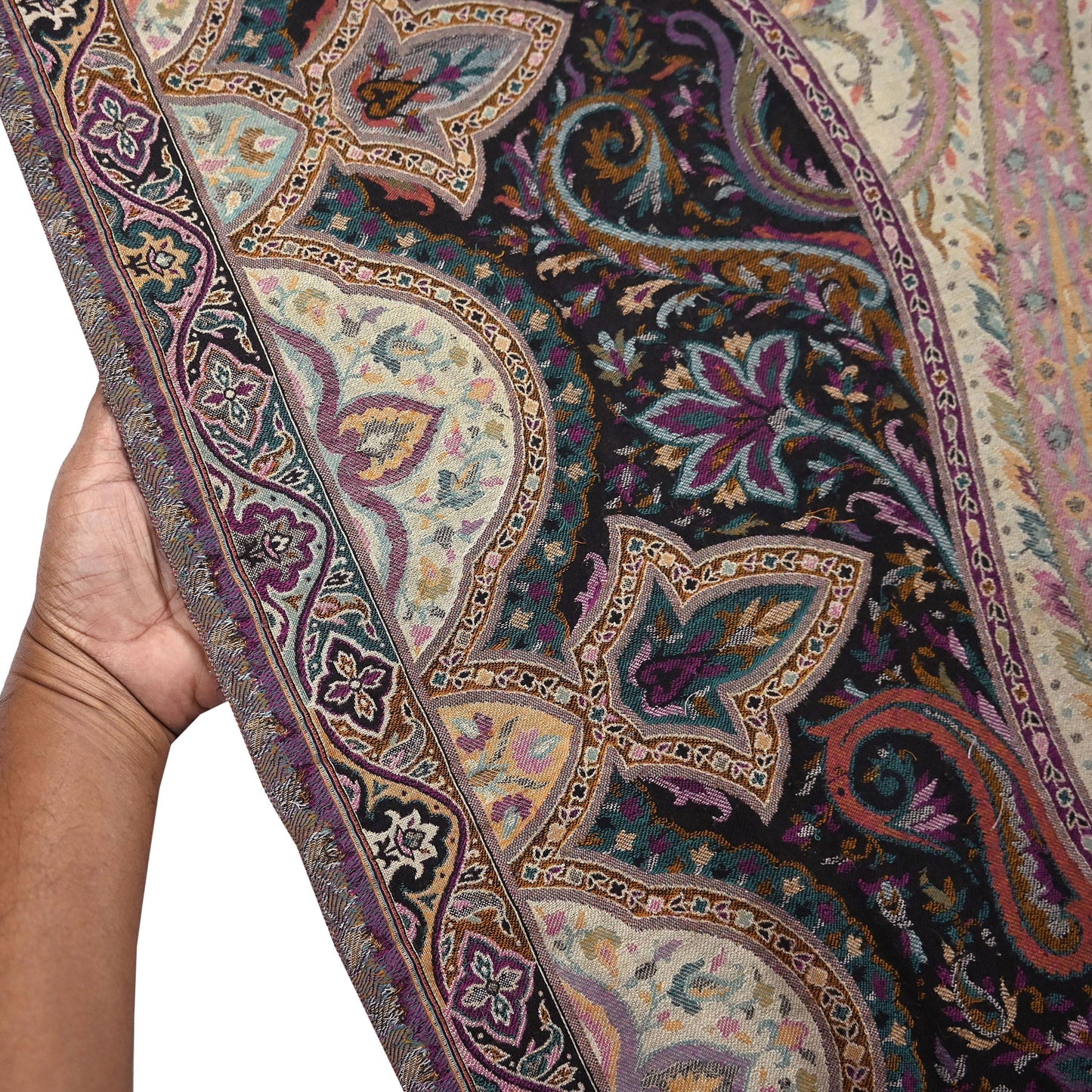 Vintage Stole Black & Beige woolen Handmade Jamawar work Long Throw Warm Stole Paisley Design Fringes