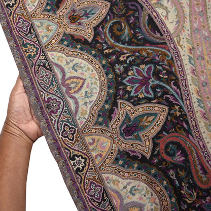 Vintage Stole Black & Beige woolen Handmade Jamawar work Long Throw Warm Stole Paisley Design Fringes