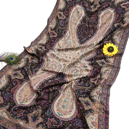 Vintage Stole Black & Beige woolen Handmade Jamawar work Long Throw Warm Stole Paisley Design Fringes