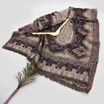 Vintage Stole Black & Beige woolen Handmade Jamawar work Long Throw Warm Stole Paisley Design Fringes