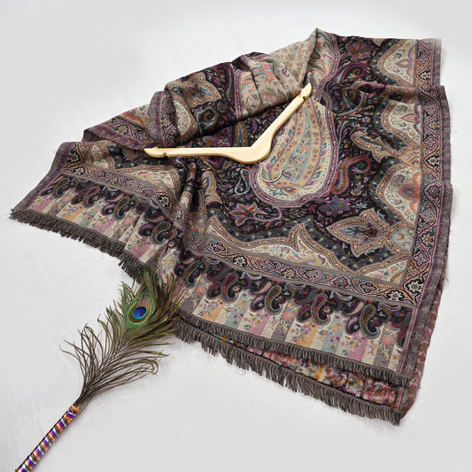 Vintage Stole Black & Beige woolen Handmade Jamawar work Long Throw Warm Stole Paisley Design Fringes