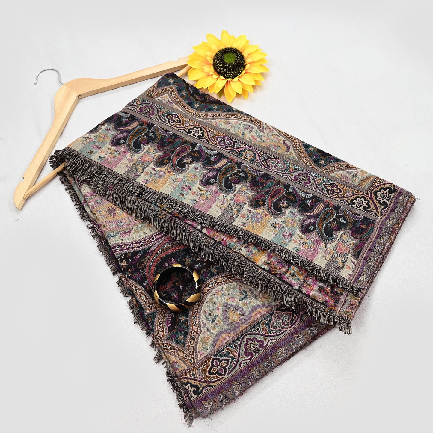 Vintage Stole Black & Beige woolen Handmade Jamawar work Long Throw Warm Stole Paisley Design Fringes