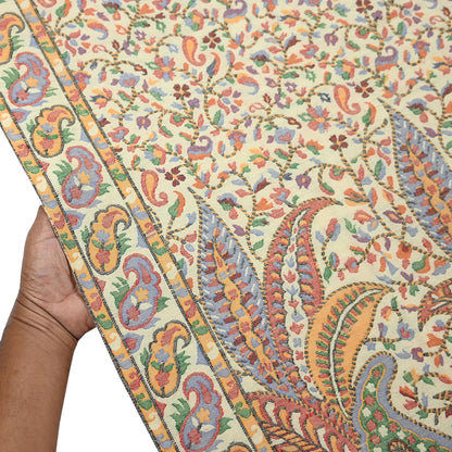 Vintage Stole Ivory woolen Handmade Jamawar work Long Throw Warm Stole Paisley Design Fringes