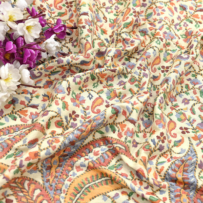 Vintage Stole Ivory woolen Handmade Jamawar work Long Throw Warm Stole Paisley Design Fringes