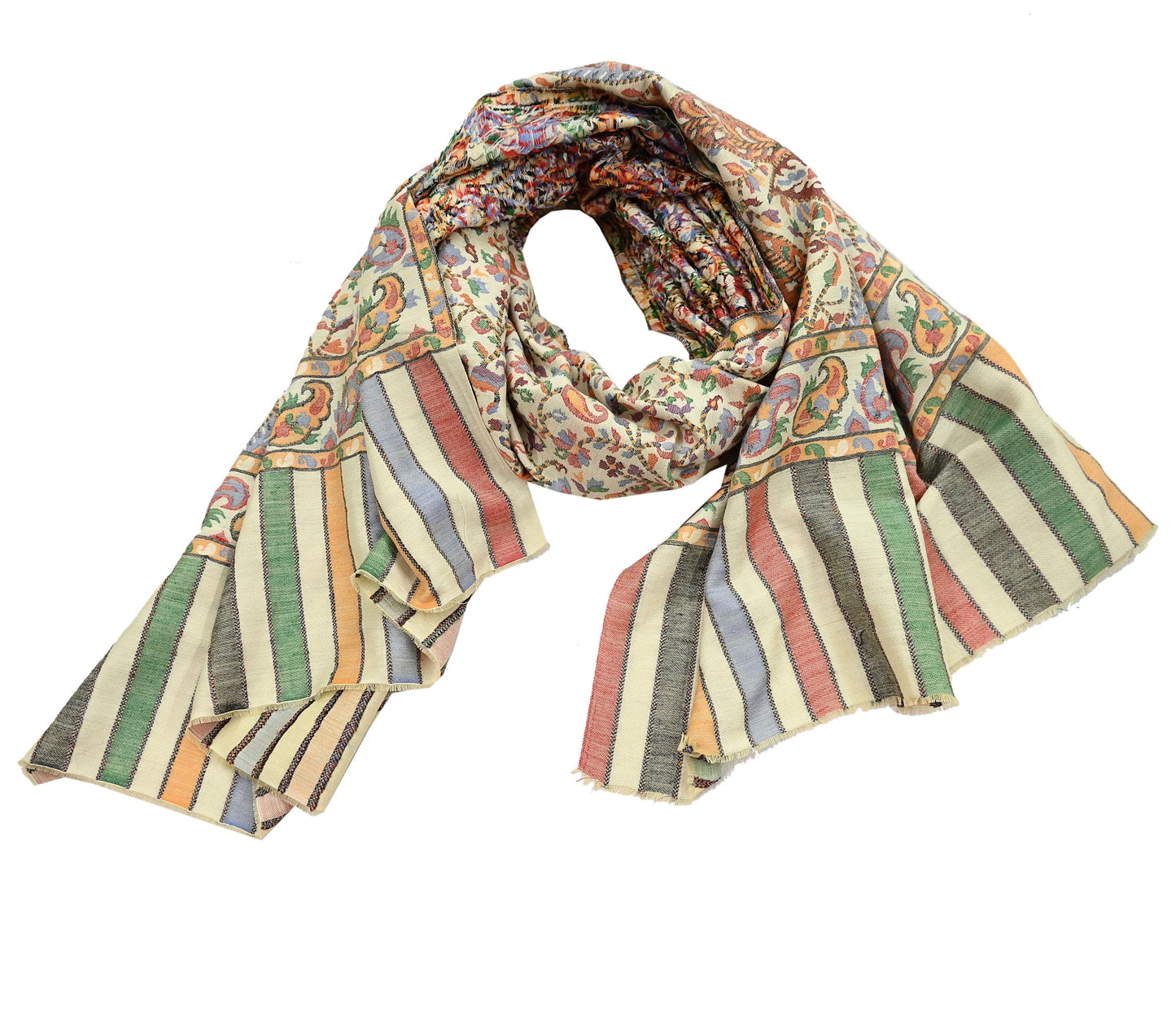 Vintage Stole Ivory woolen Handmade Jamawar work Long Throw Warm Stole Paisley Design Fringes