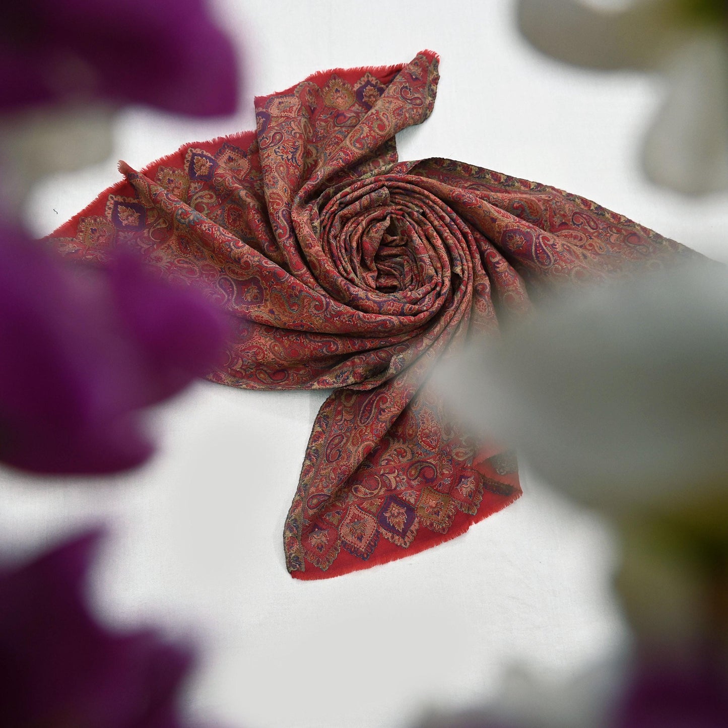 Indian Vintage Red Pure Woolen Shawl Handmade Woven Jamawar Work Long Throw Stole Warm Paisley Design Soft