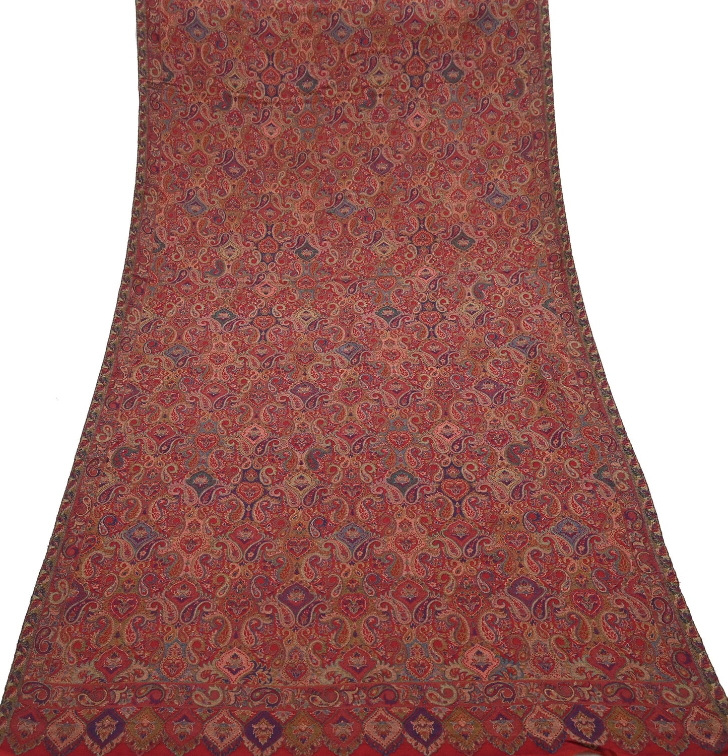Indian Vintage Red Pure Woolen Shawl Handmade Woven Jamawar Work Long Throw Stole Warm Paisley Design Soft