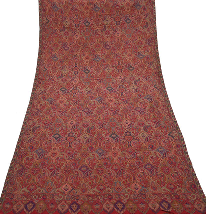 Indian Vintage Red Pure Woolen Shawl Handmade Woven Jamawar Work Long Throw Stole Warm Paisley Design Soft
