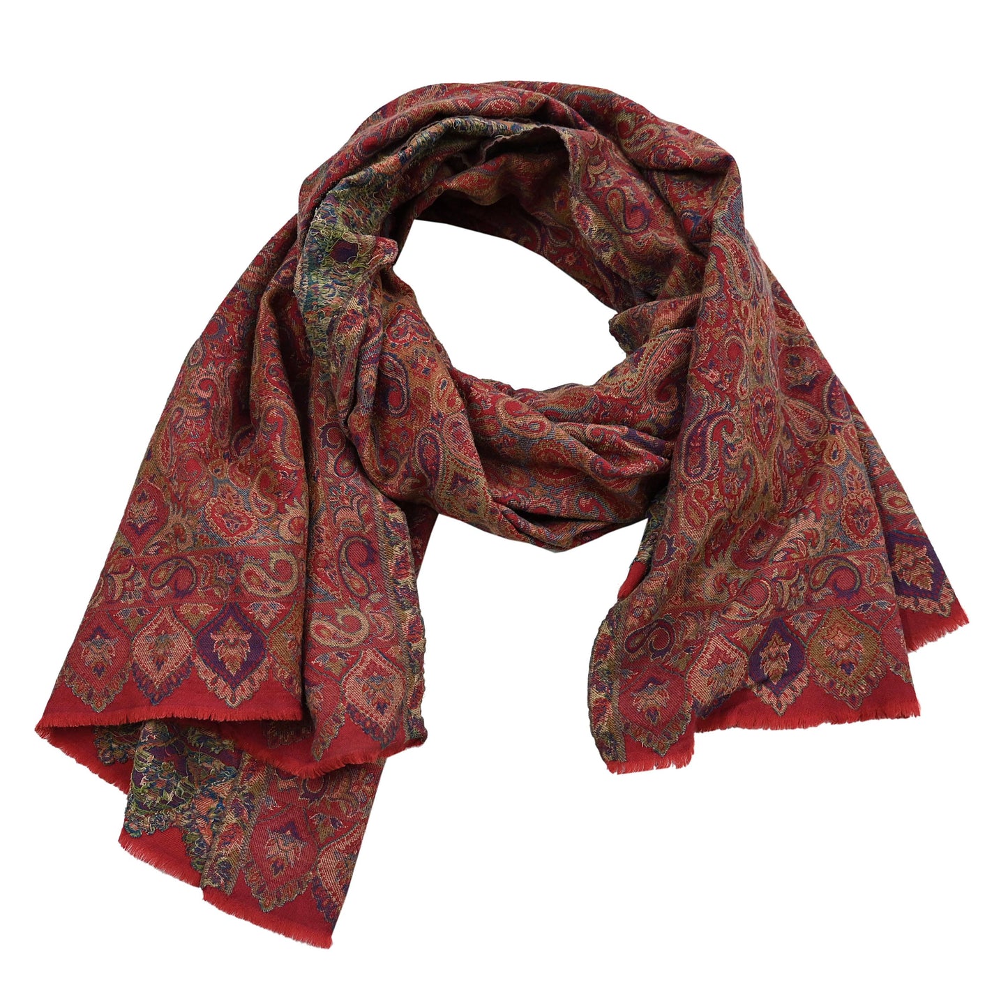 Indian Vintage Red Pure Woolen Shawl Handmade Woven Jamawar Work Long Throw Stole Warm Paisley Design Soft