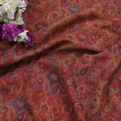 Indian Vintage Red Pure Woolen Shawl Handmade Woven Jamawar Work Long Throw Stole Warm Paisley Design Soft