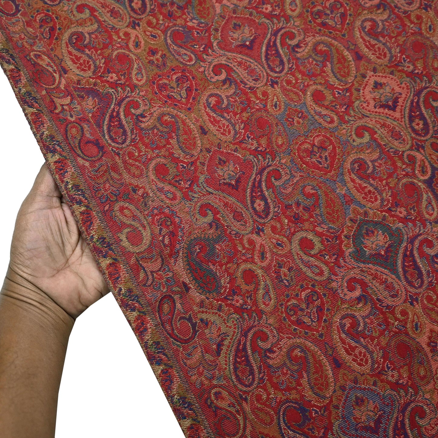 Indian Vintage Red Pure Woolen Shawl Handmade Woven Jamawar Work Long Throw Stole Warm Paisley Design Soft