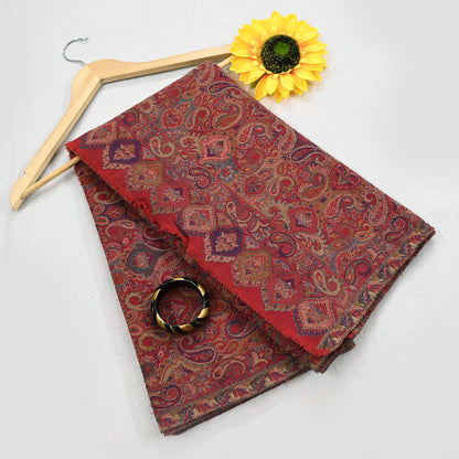 Indian Vintage Red Pure Woolen Shawl Handmade Woven Jamawar Work Long Throw Stole Warm Paisley Design Soft