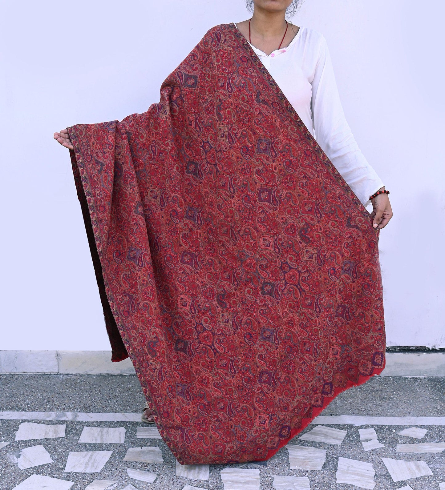 Indian Vintage Red Pure Woolen Shawl Handmade Woven Jamawar Work Long Throw Stole Warm Paisley Design Soft