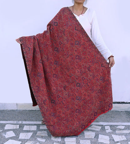 Indian Vintage Red Pure Woolen Shawl Handmade Woven Jamawar Work Long Throw Stole Warm Paisley Design Soft