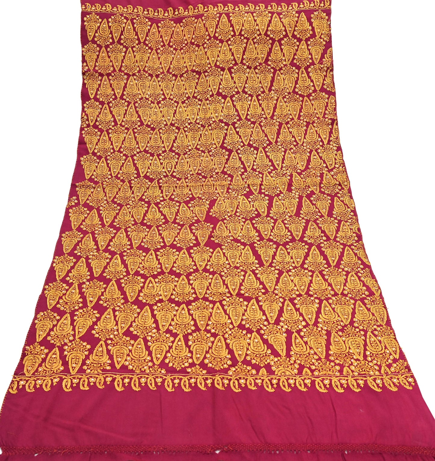 Vintage Maroon Pure Woolen Shawl Hand Embroidered Long Throw Stole Warm Stole Floral Design