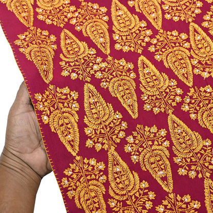 Vintage Maroon Pure Woolen Shawl Hand Embroidered Long Throw Stole Warm Stole Floral Design