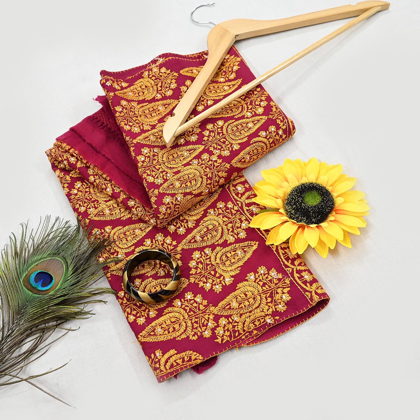 Vintage Maroon Pure Woolen Shawl Hand Embroidered Long Throw Stole Warm Stole Floral Design