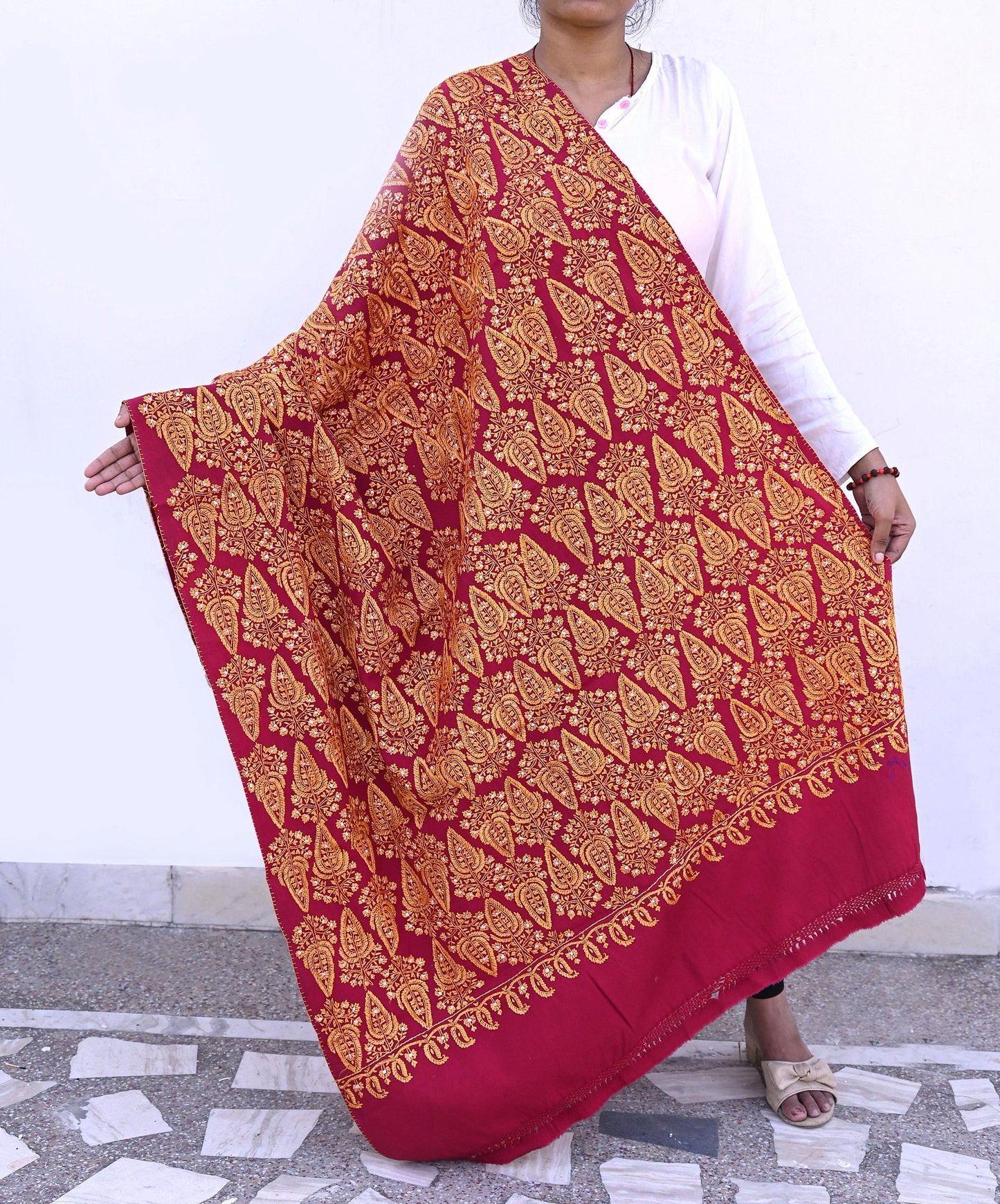 Vintage Maroon Pure Woolen Shawl Hand Embroidered Long Throw Stole Warm Stole Floral Design