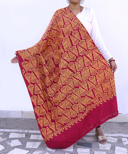 Vintage Maroon Pure Woolen Shawl Hand Embroidered Long Throw Stole Warm Stole Floral Design