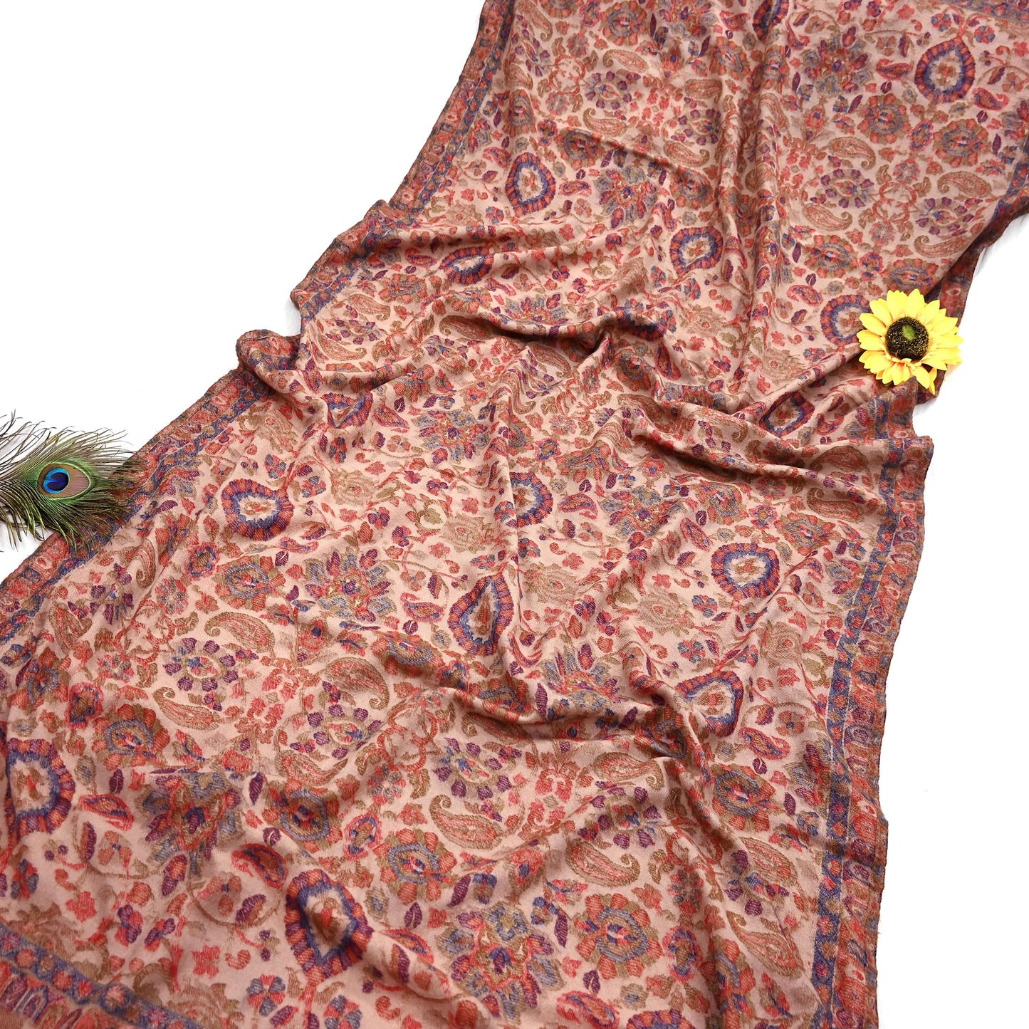 Indian Vintage Brown Pure Woolen Shawl Handmade Woven Jamawar Work Long Throw Stole Warm Paisley Design Soft