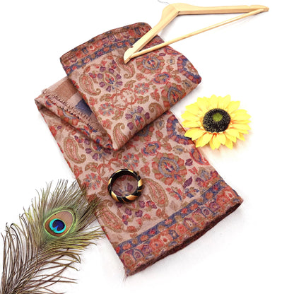 Indian Vintage Brown Pure Woolen Shawl Handmade Woven Jamawar Work Long Throw Stole Warm Paisley Design Soft