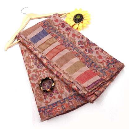 Indian Vintage Brown Pure Woolen Shawl Handmade Woven Jamawar Work Long Throw Stole Warm Paisley Design Soft