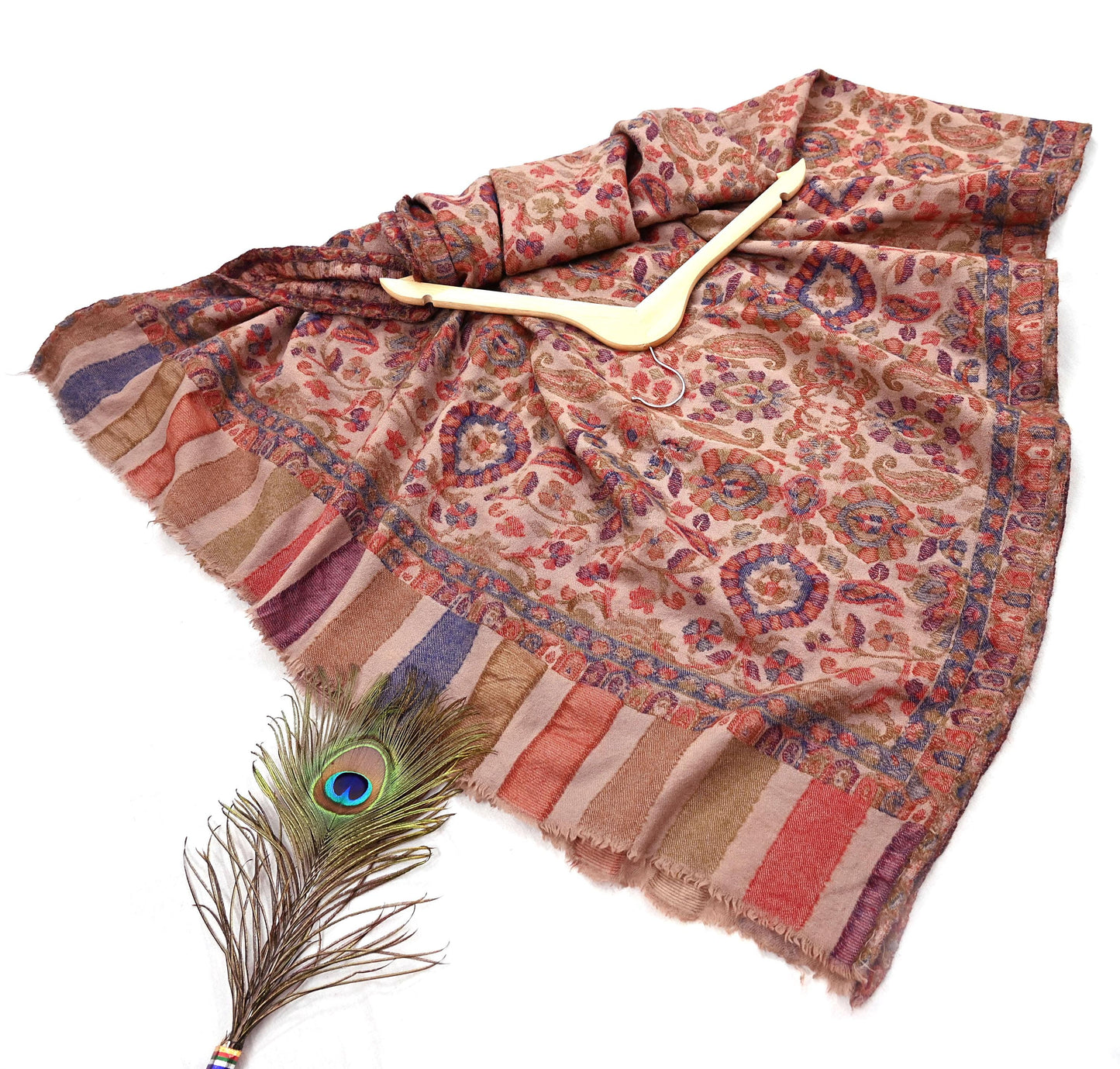 Indian Vintage Brown Pure Woolen Shawl Handmade Woven Jamawar Work Long Throw Stole Warm Paisley Design Soft