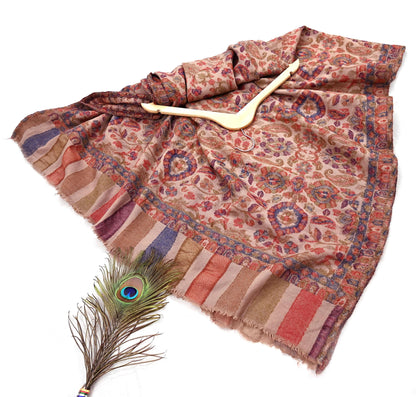 Indian Vintage Brown Pure Woolen Shawl Handmade Woven Jamawar Work Long Throw Stole Warm Paisley Design Soft