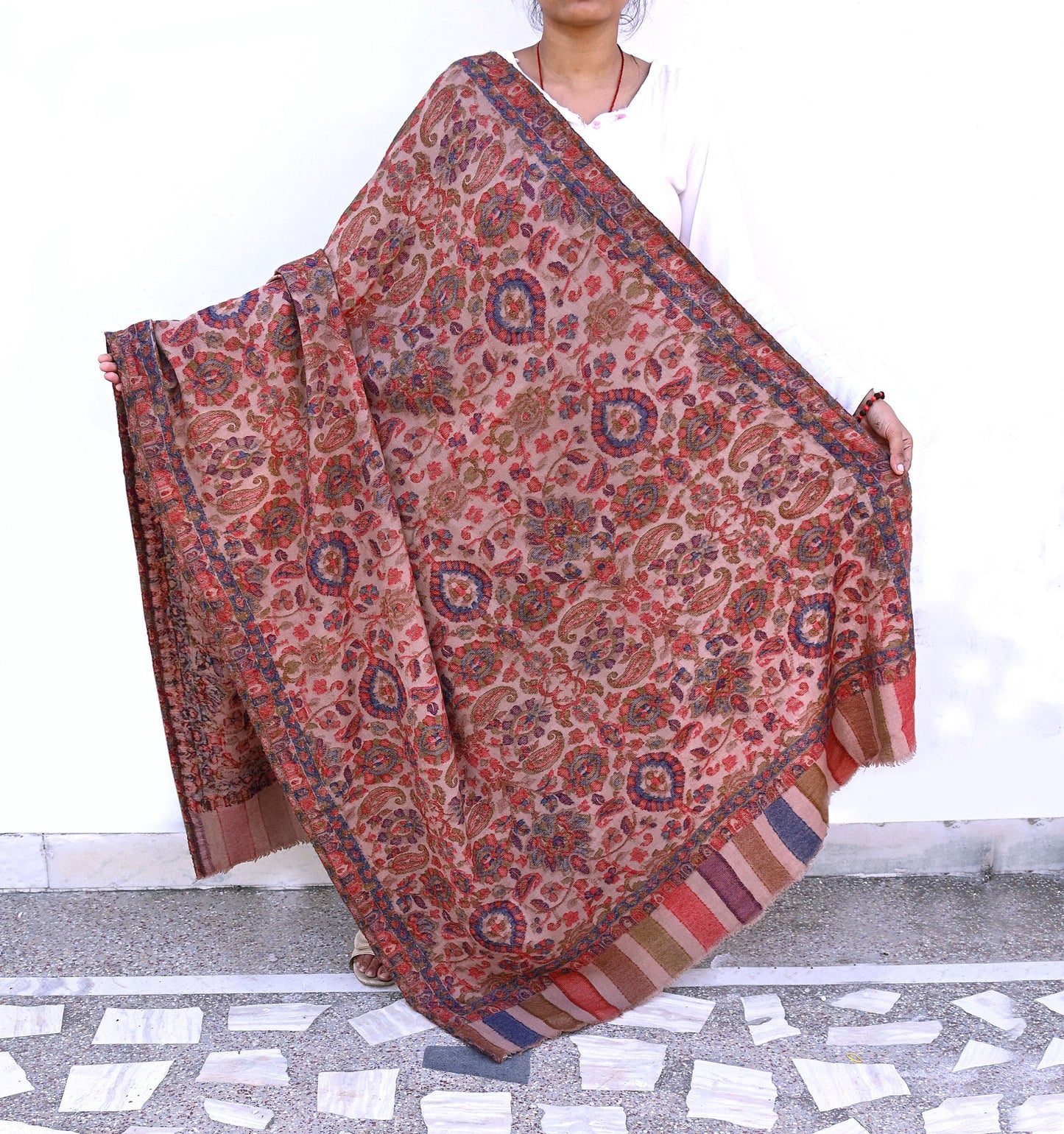 Indian Vintage Brown Pure Woolen Shawl Handmade Woven Jamawar Work Long Throw Stole Warm Paisley Design Soft