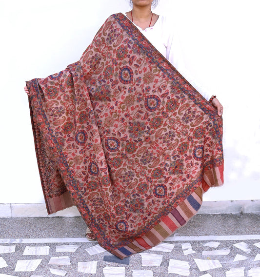 Indian Vintage Brown Pure Woolen Shawl Handmade Woven Jamawar Work Long Throw Stole Warm Paisley Design Soft