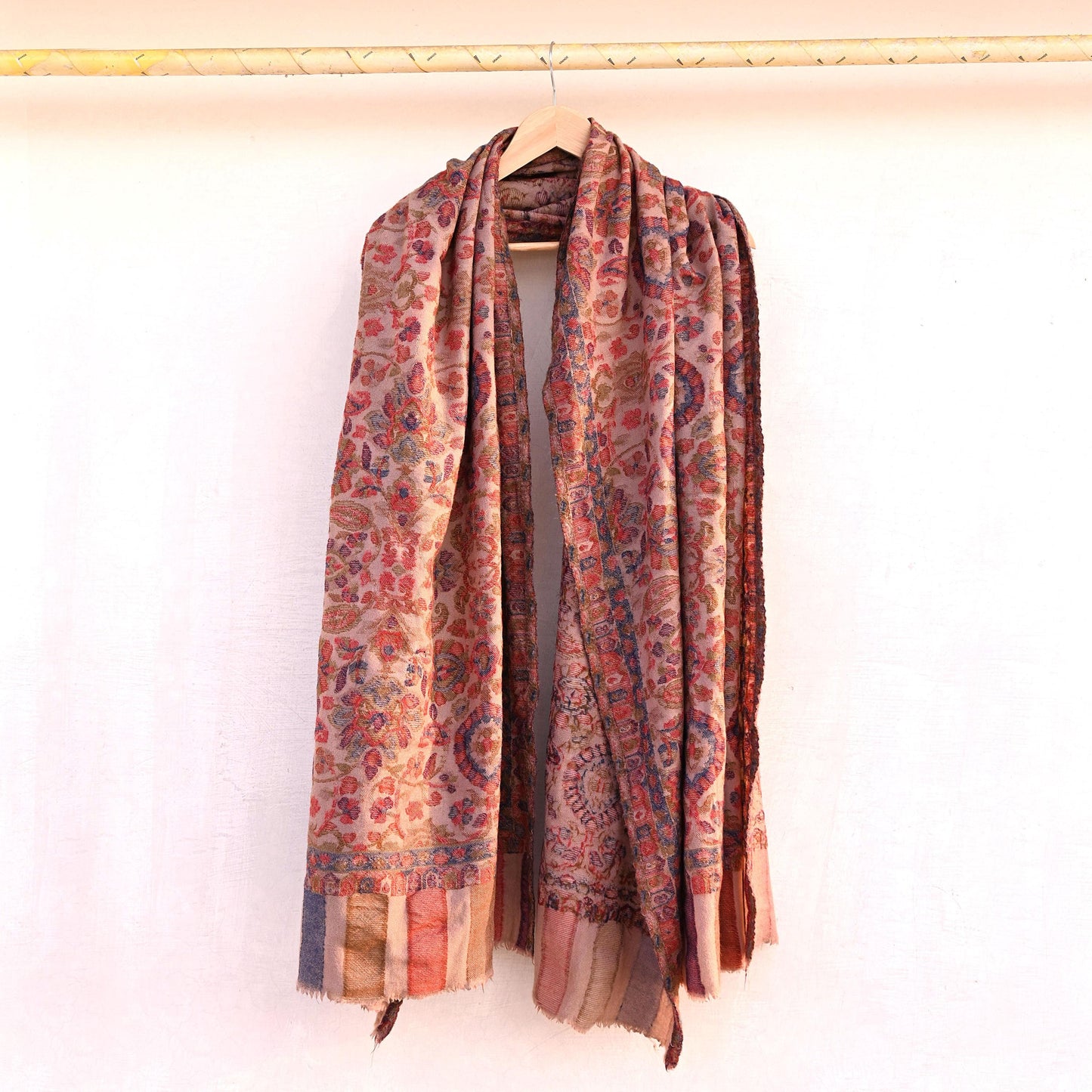 Indian Vintage Brown Pure Woolen Shawl Handmade Woven Jamawar Work Long Throw Stole Warm Paisley Design Soft