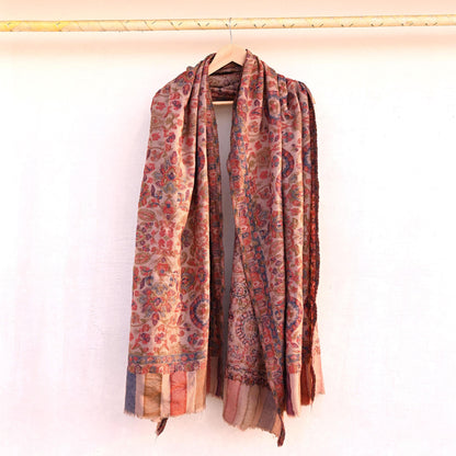 Indian Vintage Brown Pure Woolen Shawl Handmade Woven Jamawar Work Long Throw Stole Warm Paisley Design Soft