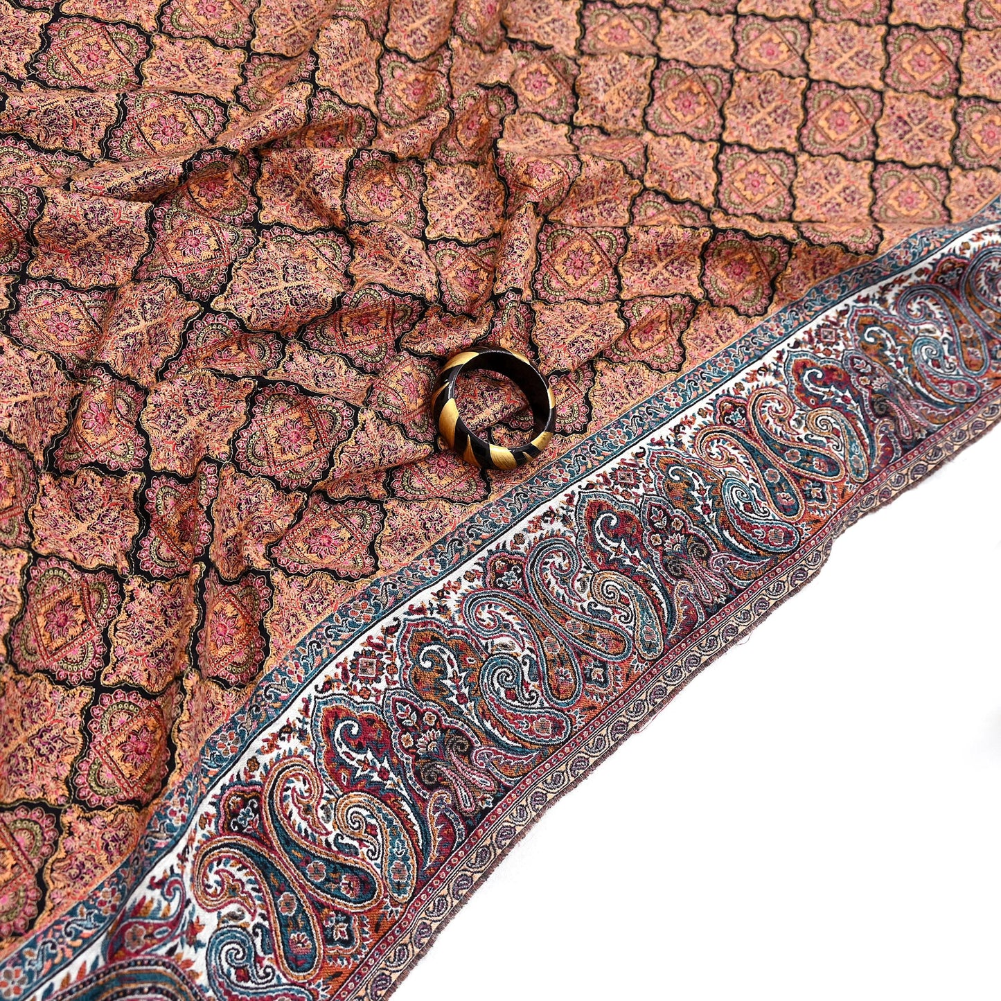 Vintage Stole Black & White woolen Handmade Jamawar work Long Throw Warm Stole Paisley Design Fringes