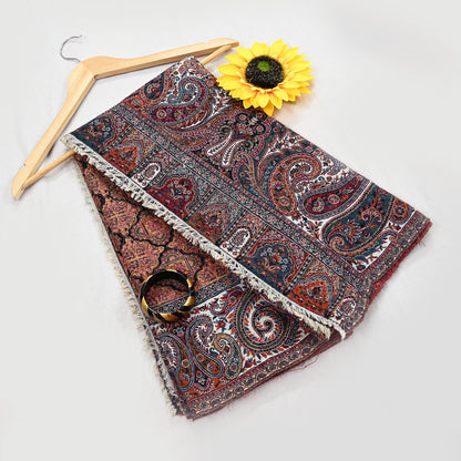 Vintage Stole Black & White woolen Handmade Jamawar work Long Throw Warm Stole Paisley Design Fringes