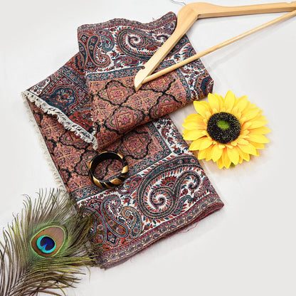 Vintage Stole Black & White woolen Handmade Jamawar work Long Throw Warm Stole Paisley Design Fringes