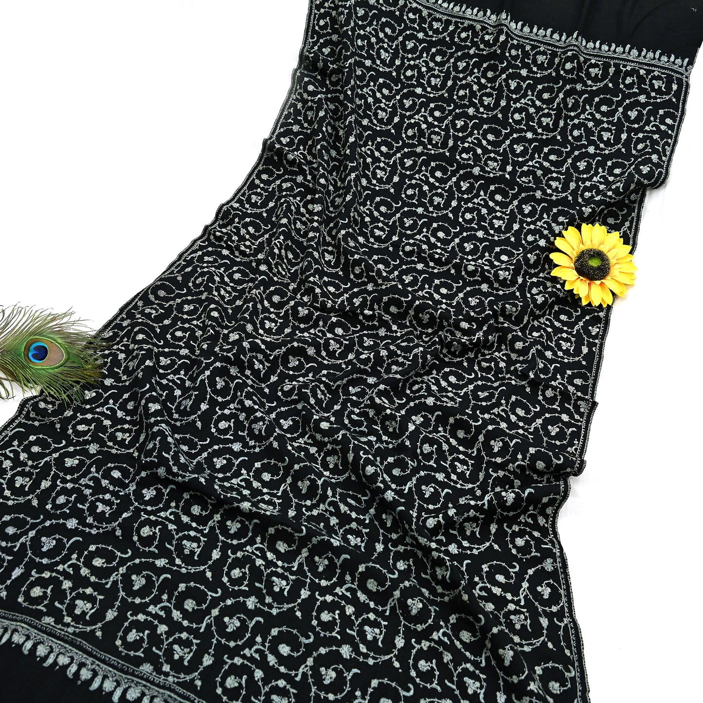 Indian Vintage Black Shawl Pure Woolen Handmade Suzani Long Throw Stole Warm Stole Paisley Design Soft Soft Cozy