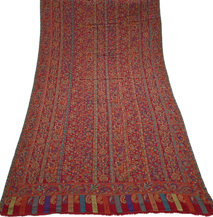 Indian Vintage Maroon Pure Woolen Shawl Handmade Woven Jamawar Work Long Throw Stole Warm Paisley Design Soft