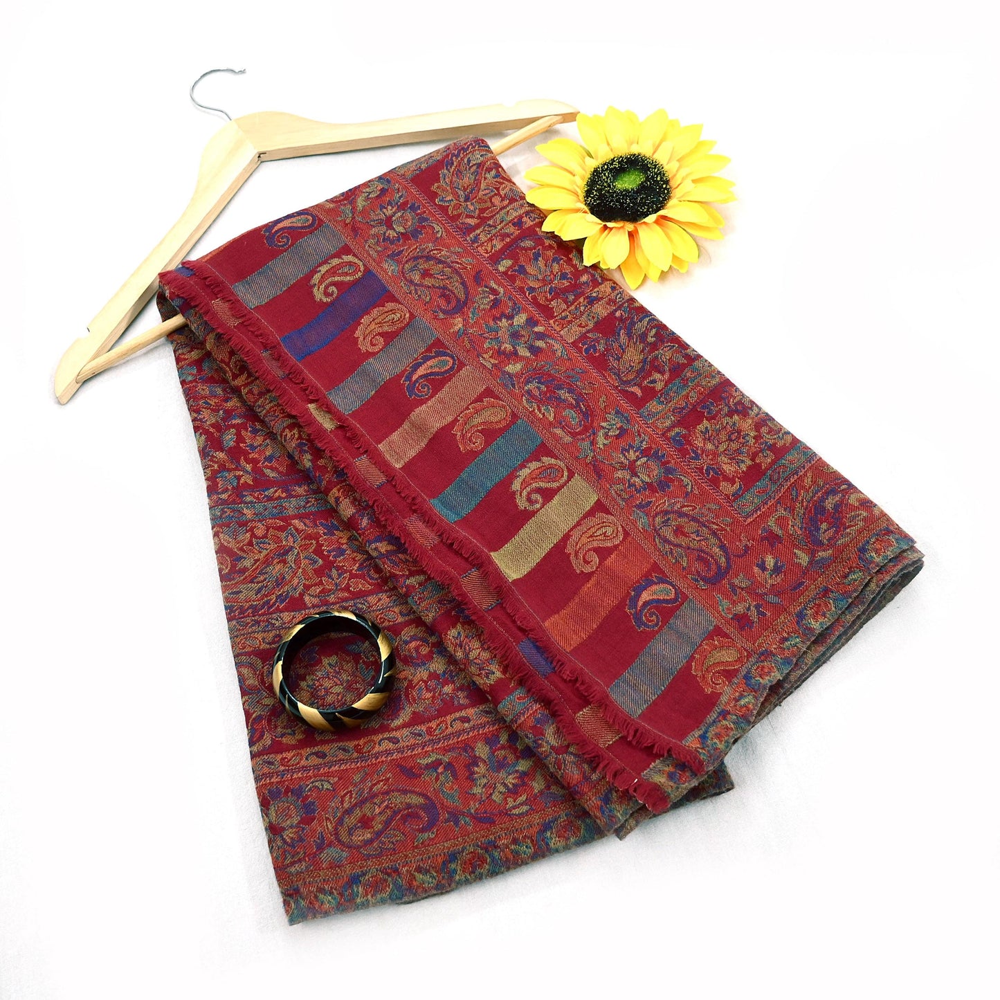 Indian Vintage Maroon Pure Woolen Shawl Handmade Woven Jamawar Work Long Throw Stole Warm Paisley Design Soft