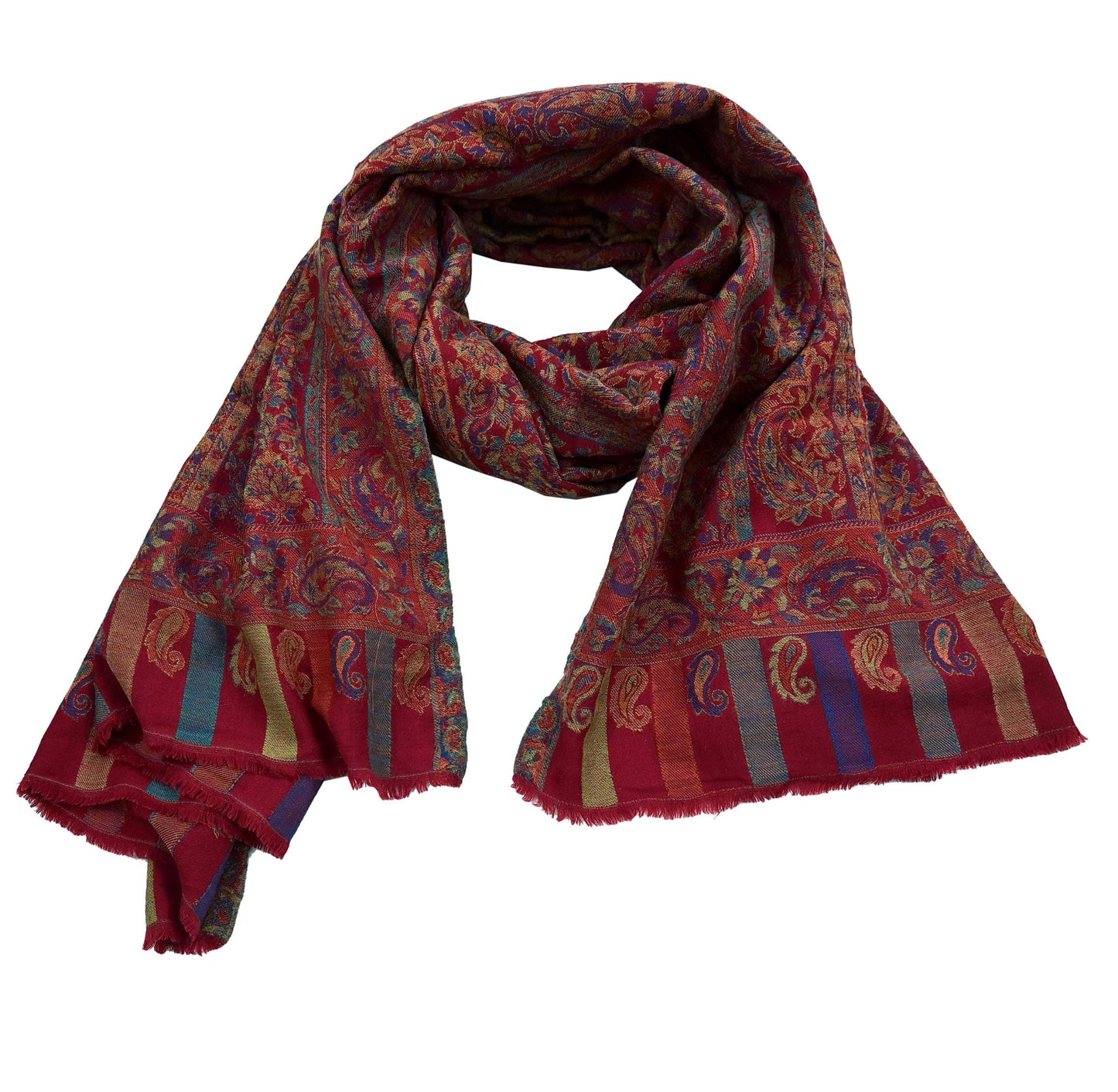 Indian Vintage Maroon Pure Woolen Shawl Handmade Woven Jamawar Work Long Throw Stole Warm Paisley Design Soft