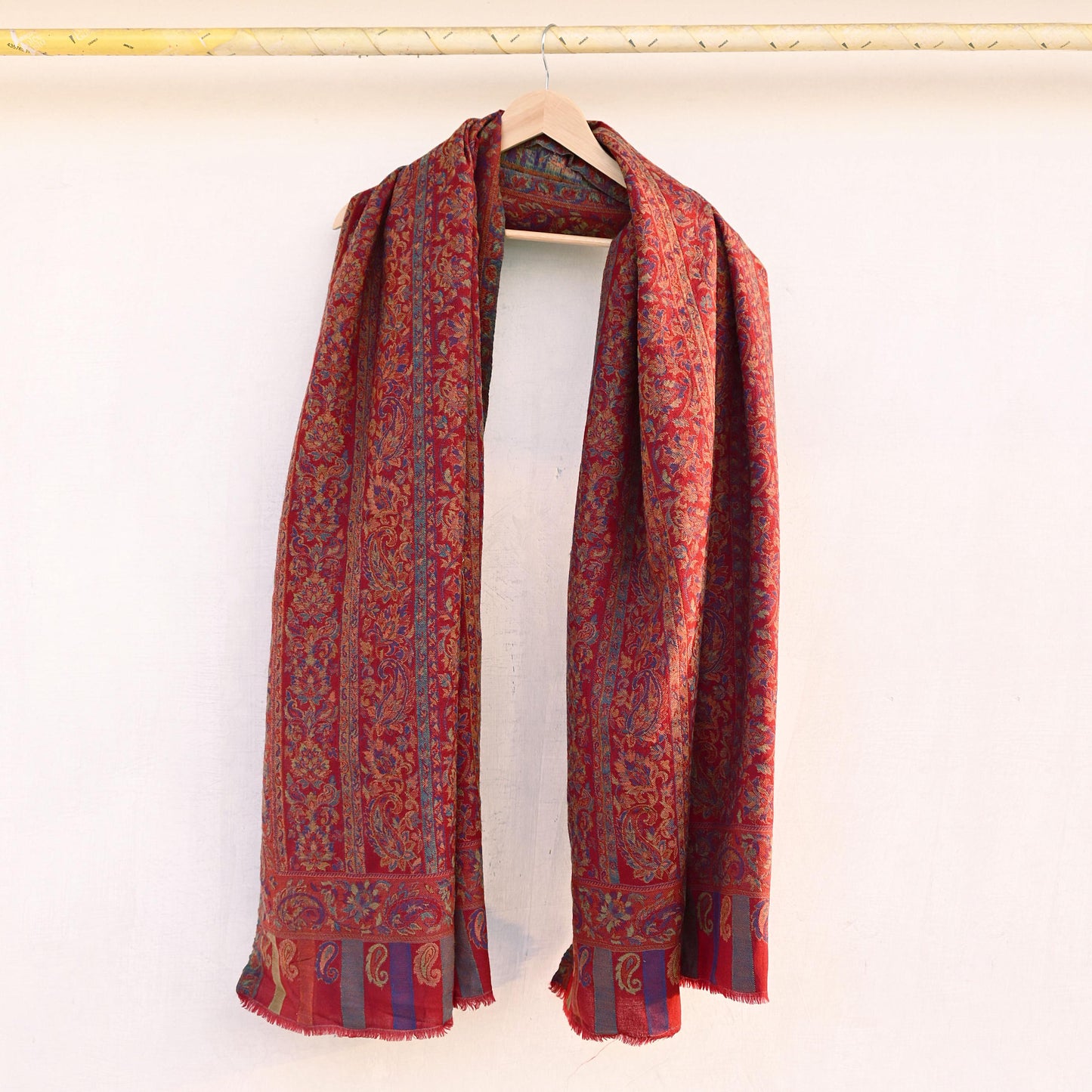 Indian Vintage Maroon Pure Woolen Shawl Handmade Woven Jamawar Work Long Throw Stole Warm Paisley Design Soft