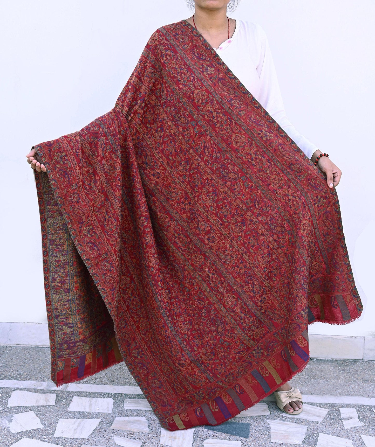 Indian Vintage Maroon Pure Woolen Shawl Handmade Woven Jamawar Work Long Throw Stole Warm Paisley Design Soft
