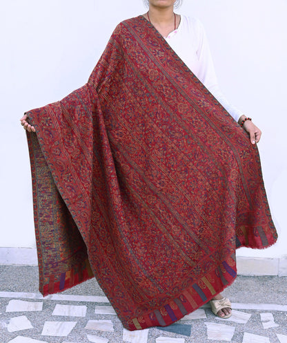 Indian Vintage Maroon Pure Woolen Shawl Handmade Woven Jamawar Work Long Throw Stole Warm Paisley Design Soft