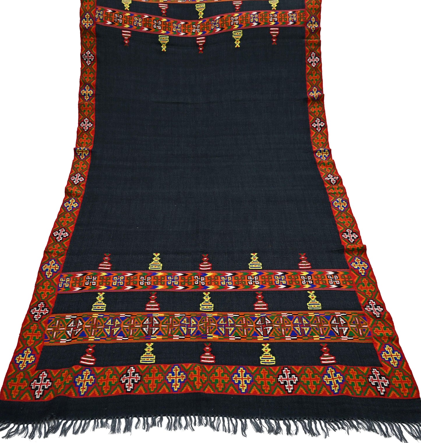 Vintage Black Pure Woolen Handmade Kullu Shawl Woven work Long Throw Stole Warm Stole Warm Fringes