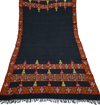 Vintage Black Pure Woolen Handmade Kullu Shawl Woven work Long Throw Stole Warm Stole Warm Fringes