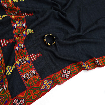 Vintage Black Pure Woolen Handmade Kullu Shawl Woven work Long Throw Stole Warm Stole Warm Fringes