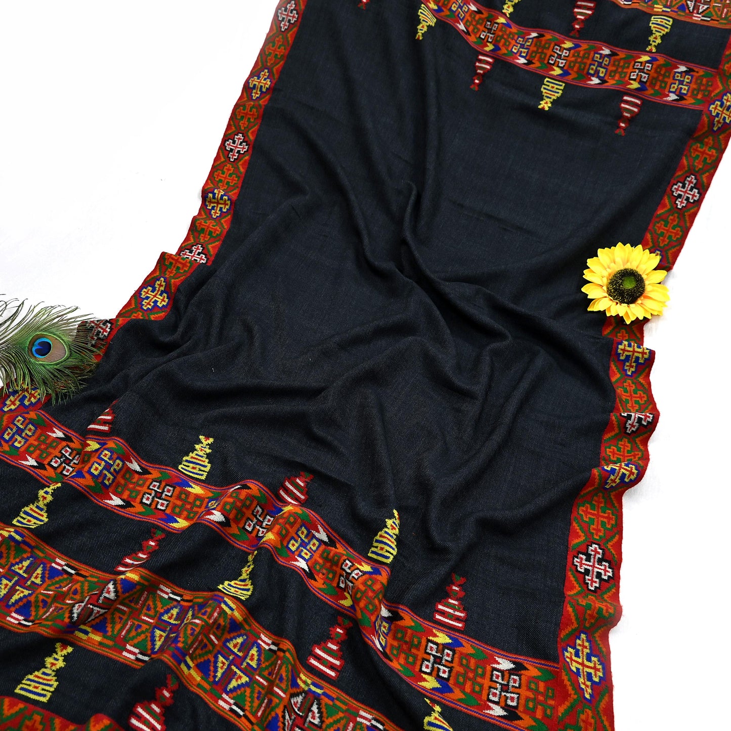 Vintage Black Pure Woolen Handmade Kullu Shawl Woven work Long Throw Stole Warm Stole Warm Fringes