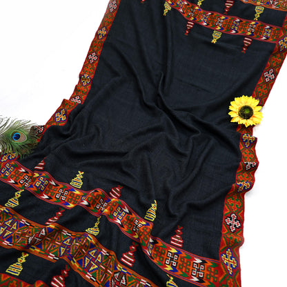 Vintage Black Pure Woolen Handmade Kullu Shawl Woven work Long Throw Stole Warm Stole Warm Fringes